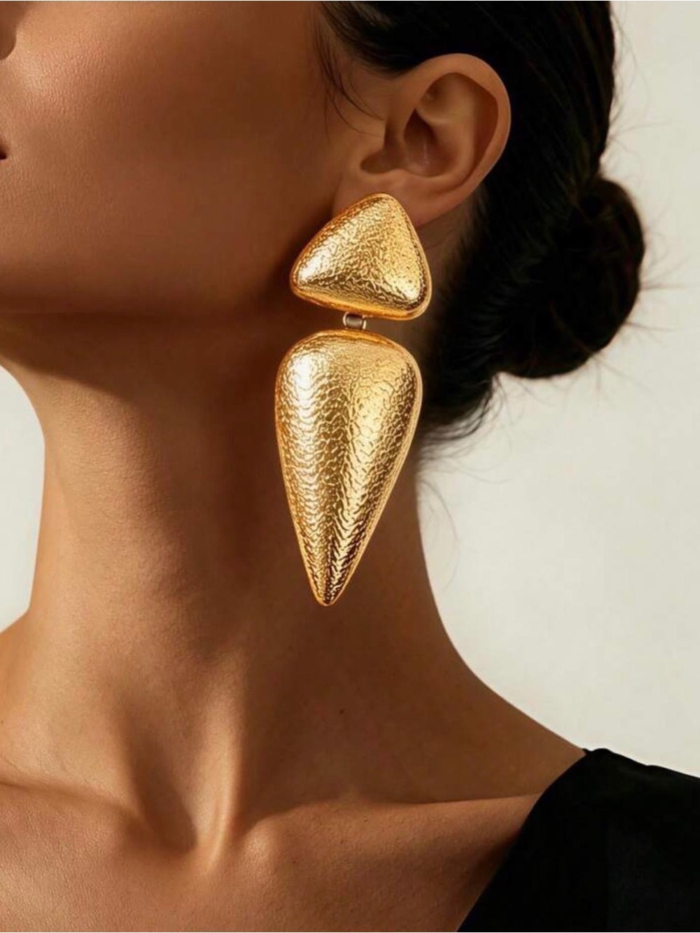 Gold Textured Geometric Drop Earrings - Women Jewelry